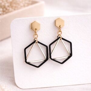 Geometric Hexagon Drop Earrings | Black & Gold Modern Statement Earrings